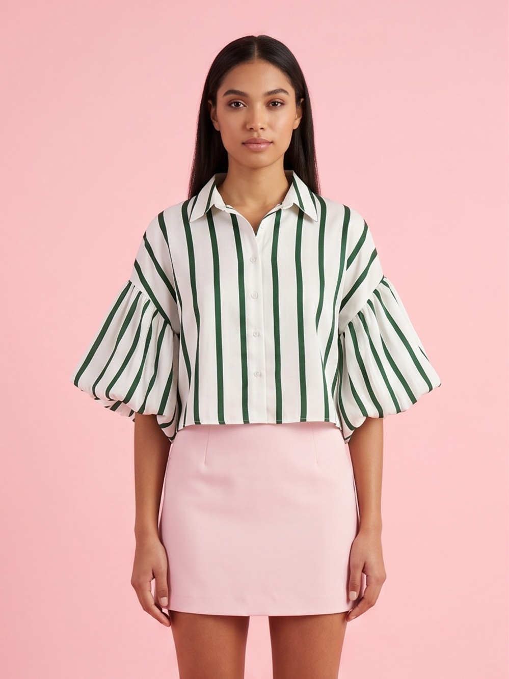 Milk & Honey Green White Striped Puff Sleeve Cropped Button Down Blouse Medium